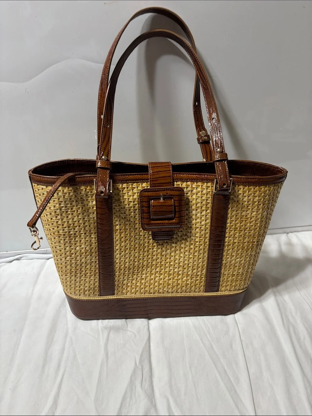 Brahmin Natural Woven Tote with Brown Trim. EUC
